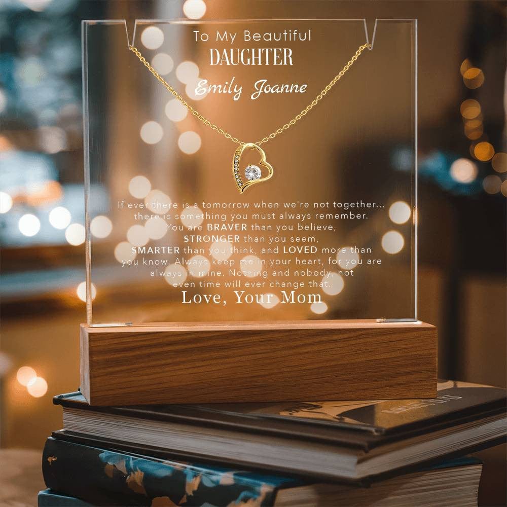 Keepsake Gift for Daughter from Mom – Heartfelt LED Plaque with Forever Love Necklace, Sentimental Customized Message