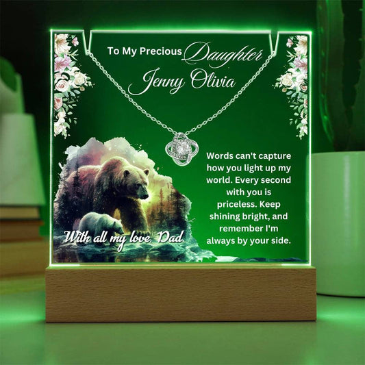 Cherished Gift for Daughter from Dad – Sentimental Necklace & Keepsake Acrylic LED Plaque, Heartfelt Family Jewelry With Lovely Message.