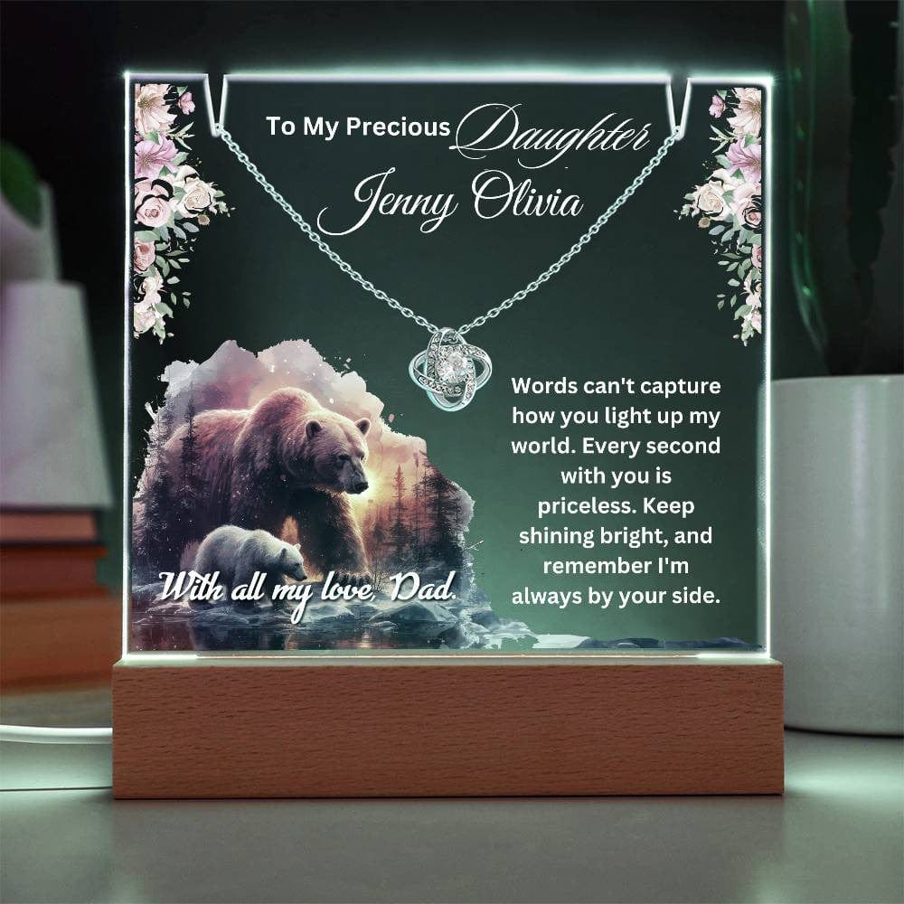 Cherished Gift for Daughter from Dad – Sentimental Necklace & Keepsake Acrylic LED Plaque, Heartfelt Family Jewelry With Lovely Message.