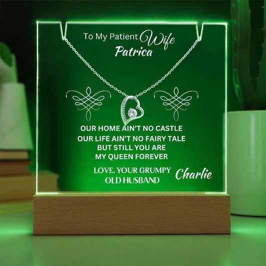 Customized Gift For Patient A Wife From Grumpy Old Husband | Sentimental Keepsake Acrylic Plaque LED Bundle With Forever Love Necklace
