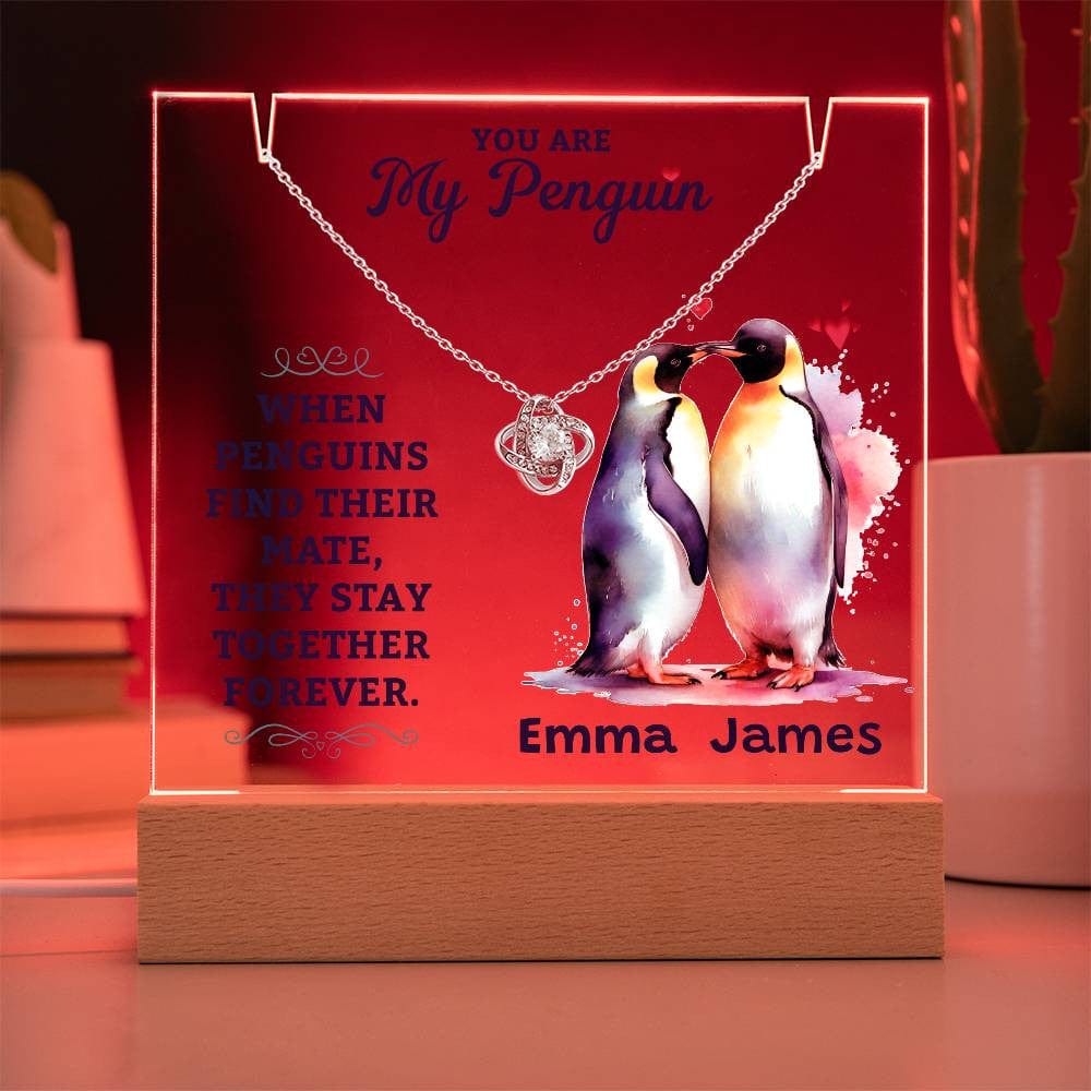 Gift For Wife/Soul Partner Customized | Keepsake Acrylic Bundle With Love Knot Necklace, Loving Message That Says, You Are My Penguin