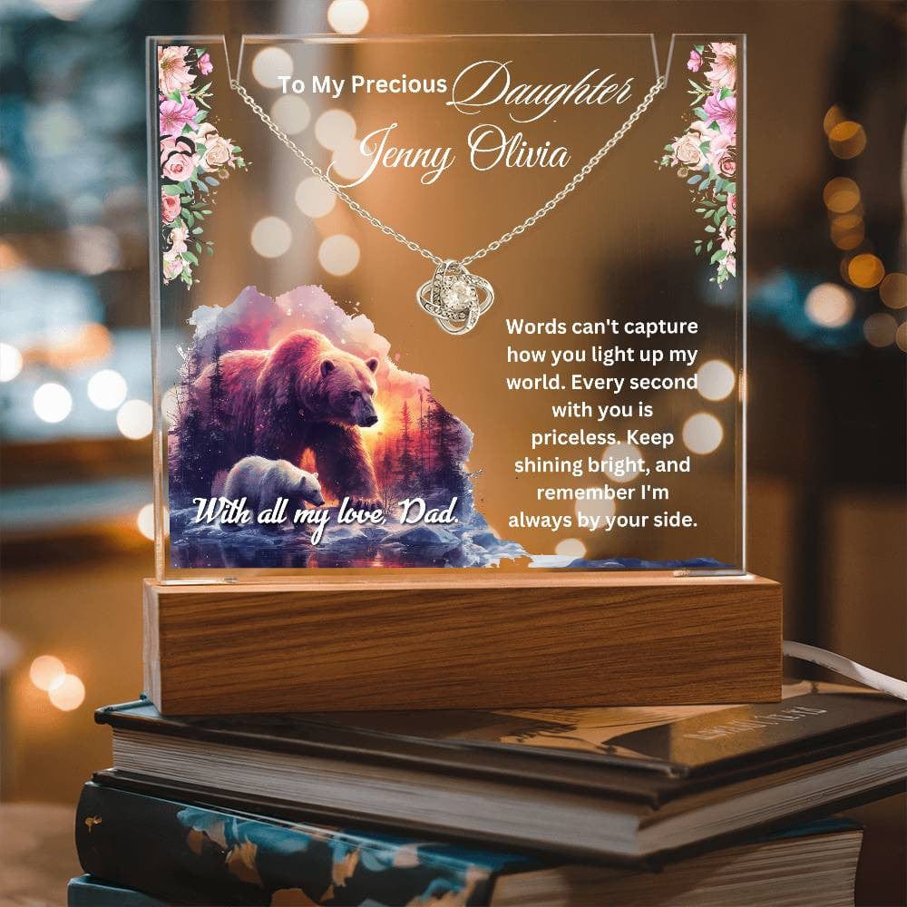 Cherished Gift for Daughter from Dad – Sentimental Necklace & Keepsake Acrylic LED Plaque, Heartfelt Family Jewelry With Lovely Message.