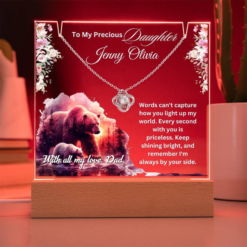 Cherished Gift for Daughter from Dad – Sentimental Necklace & Keepsake Acrylic LED Plaque, Heartfelt Family Jewelry With Lovely Message.