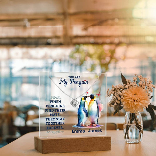 Gift For Wife/Soul Partner Customized | Keepsake Acrylic Bundle With Love Knot Necklace, Loving Message That Says, You Are My Penguin