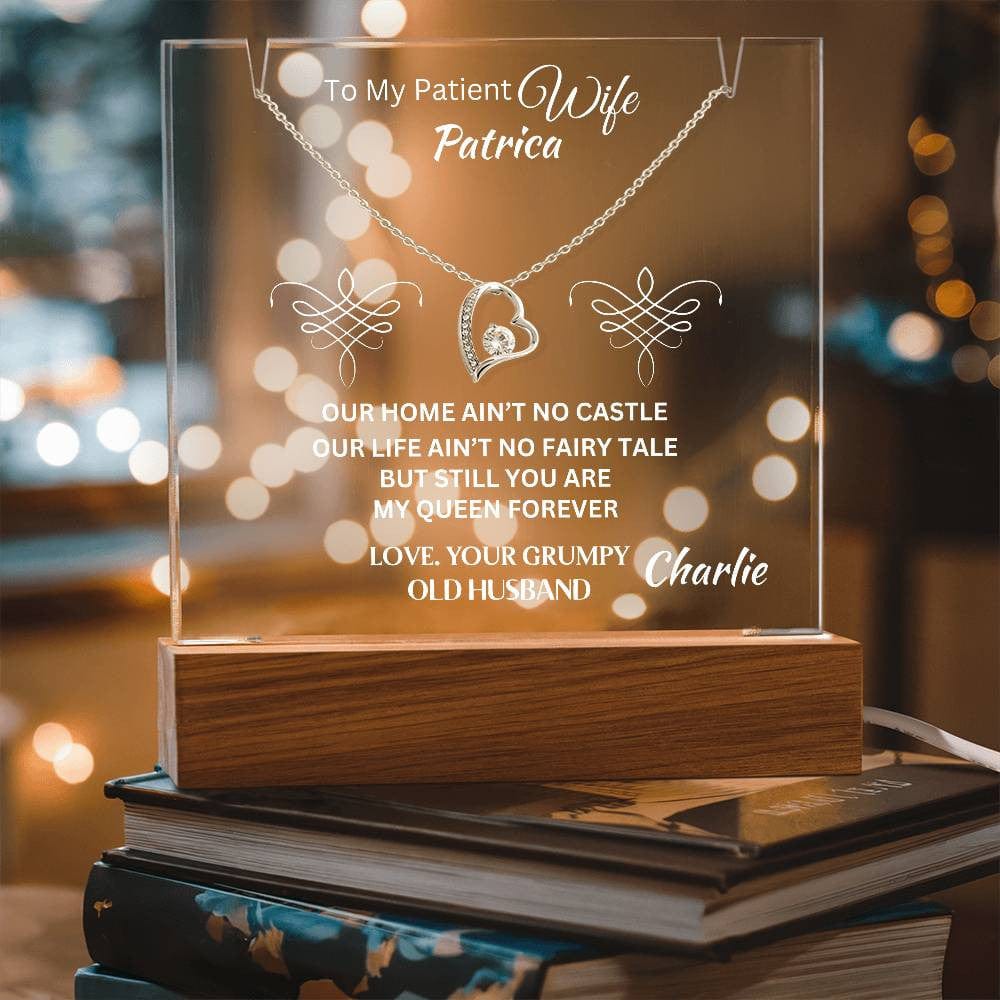 Customized Gift For Patient A Wife From Grumpy Old Husband | Sentimental Keepsake Acrylic Plaque LED Bundle With Forever Love Necklace