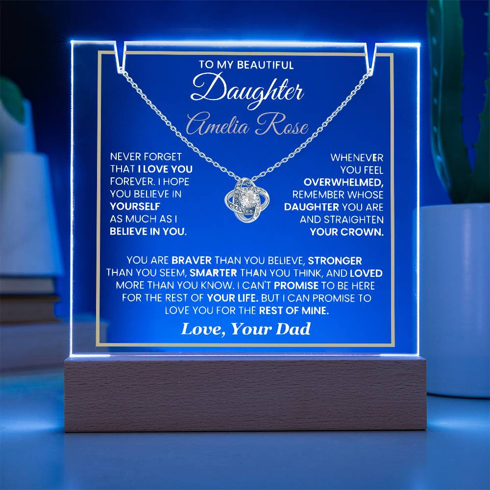 Sentimental Daughter Gift from Dad – Personalized LED Acrylic Keepsake with Loveknot Necklace, Meaningful Message of Love and Support, Perfect for Christmas, Birthday or Special Occasions