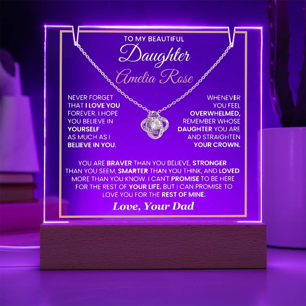 Sentimental Daughter Gift from Dad – Personalized LED Acrylic Keepsake with Loveknot Necklace, Meaningful Message of Love and Support, Perfect for Christmas, Birthday or Special Occasions