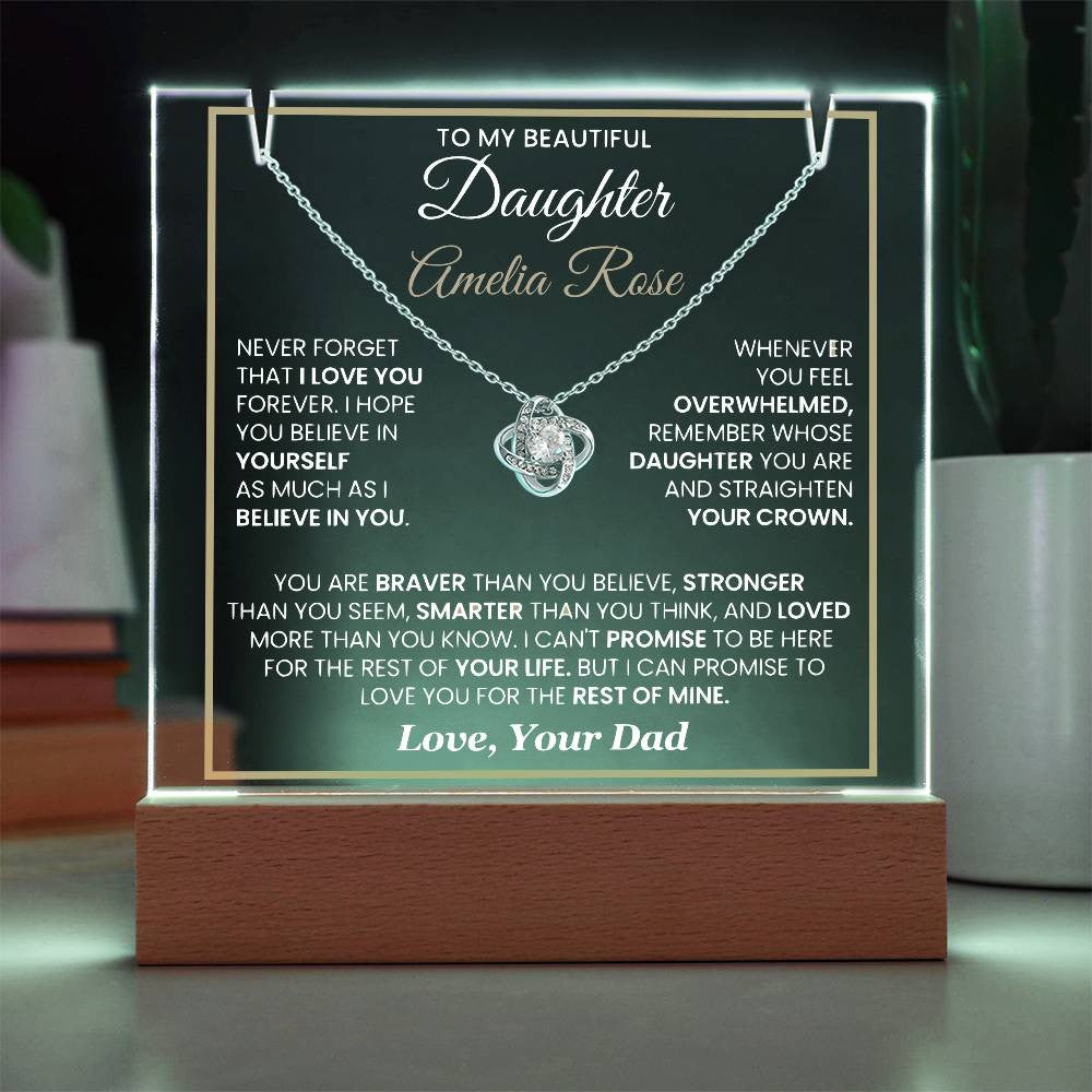 Sentimental Daughter Gift from Dad – Personalized LED Acrylic Keepsake with Loveknot Necklace, Meaningful Message of Love and Support, Perfect for Christmas, Birthday or Special Occasions