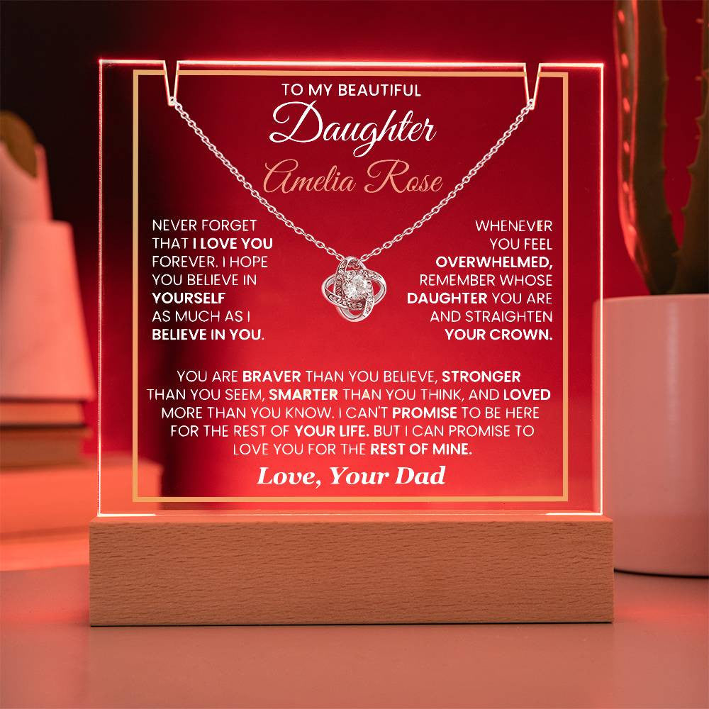 Sentimental Daughter Gift from Dad – Personalized LED Acrylic Keepsake with Loveknot Necklace, Meaningful Message of Love and Support, Perfect for Christmas, Birthday or Special Occasions