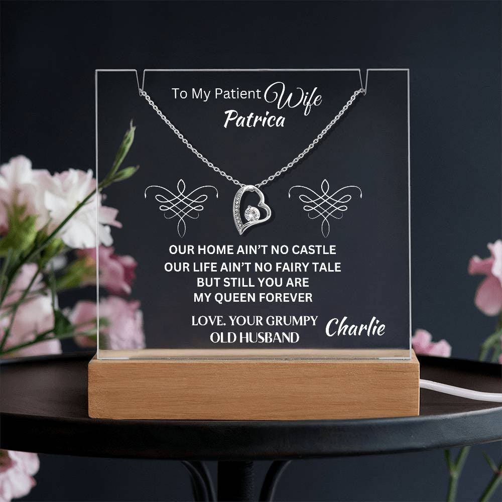 Personalized Gift For Patient A Wife From Grumpy Old Husband | Sentimental Keepsake Acrylic Plaque LED Bundle With Forever Love Necklace