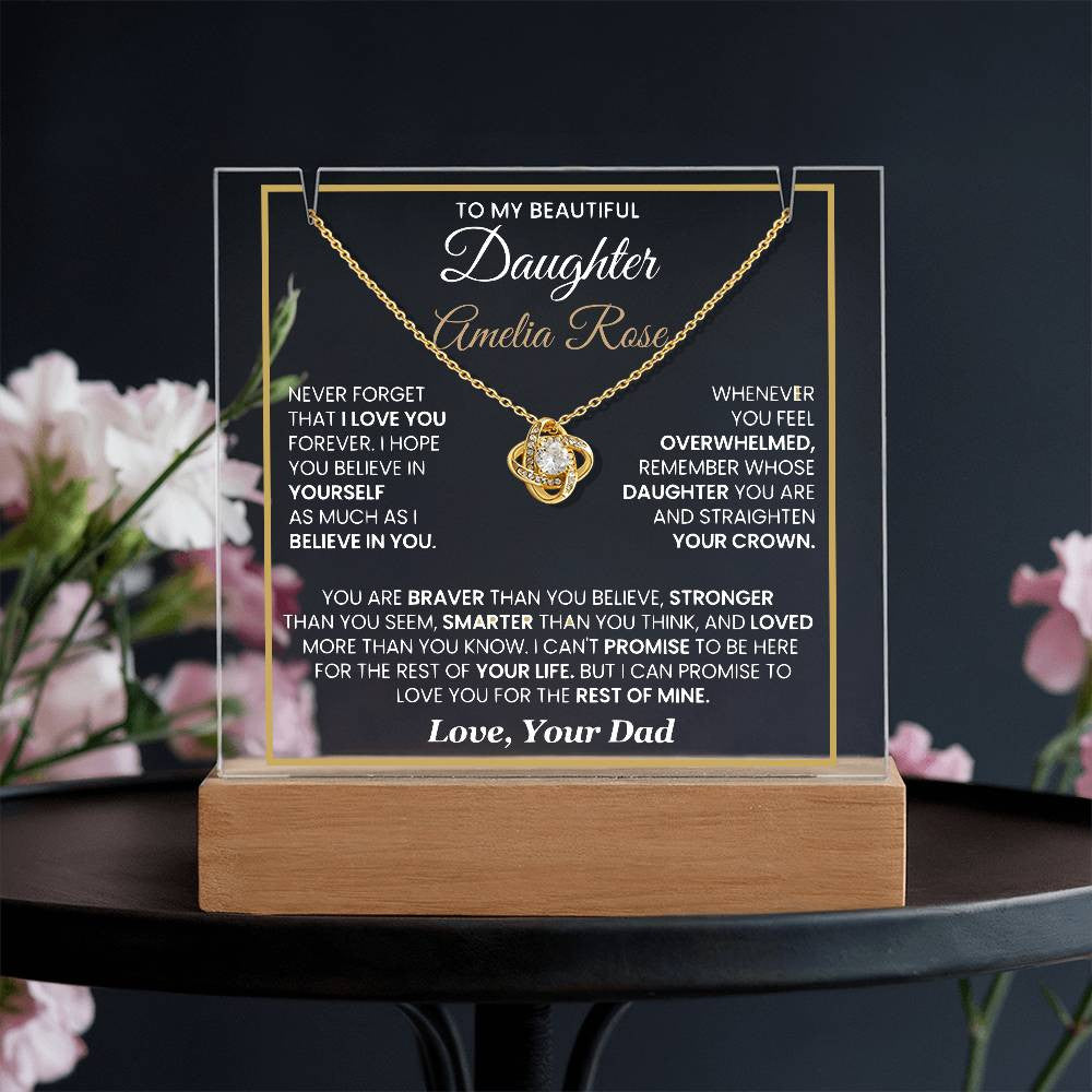 Sentimental Daughter Gift from Dad – Personalized LED Acrylic Keepsake with Loveknot Necklace, Meaningful Message of Love and Support, Perfect for Christmas, Birthday or Special Occasions