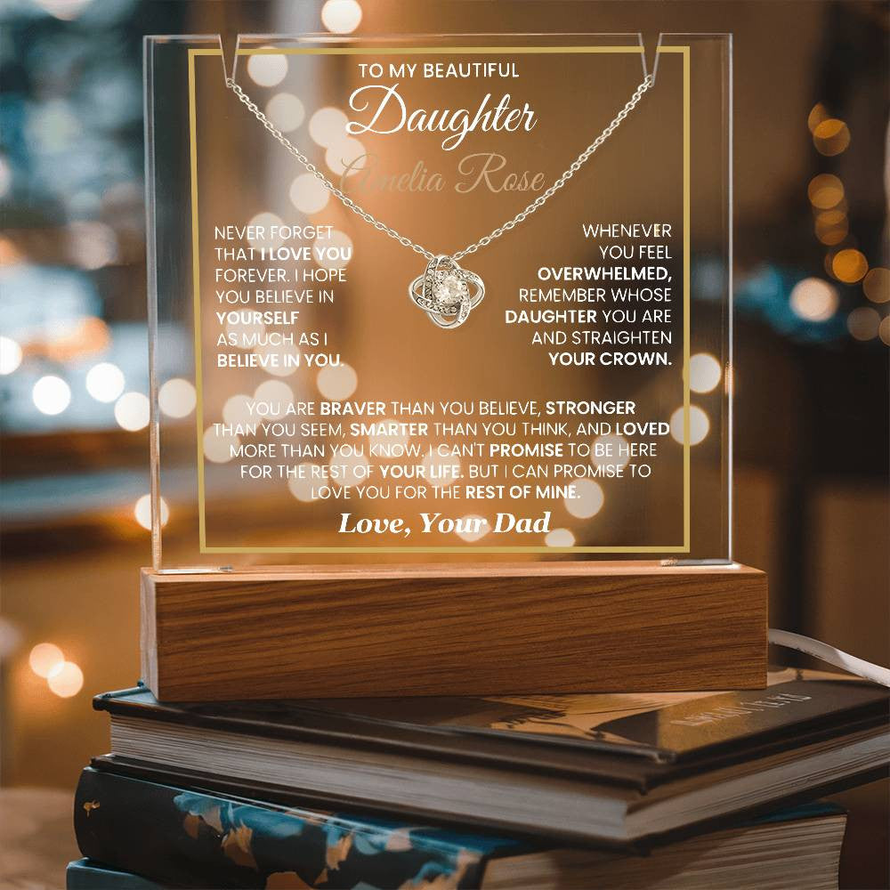 Sentimental Daughter Gift from Dad – Personalized LED Acrylic Keepsake with Loveknot Necklace, Meaningful Message of Love and Support, Perfect for Christmas, Birthday or Special Occasions