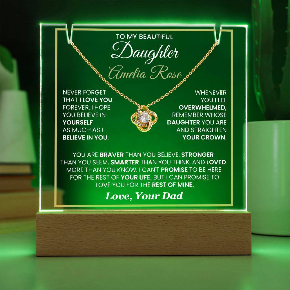 Sentimental Daughter Gift from Dad – Personalized LED Acrylic Keepsake with Loveknot Necklace, Meaningful Message of Love and Support, Perfect for Christmas, Birthday or Special Occasions