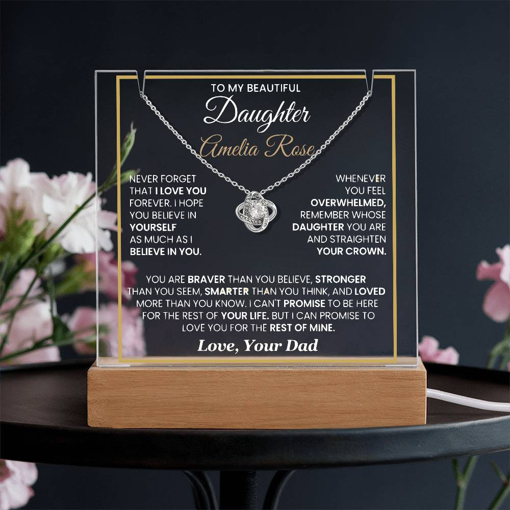 Sentimental Daughter Gift from Dad – Personalized LED Acrylic Keepsake with Loveknot Necklace, Meaningful Message of Love and Support, Perfect for Christmas, Birthday or Special Occasions