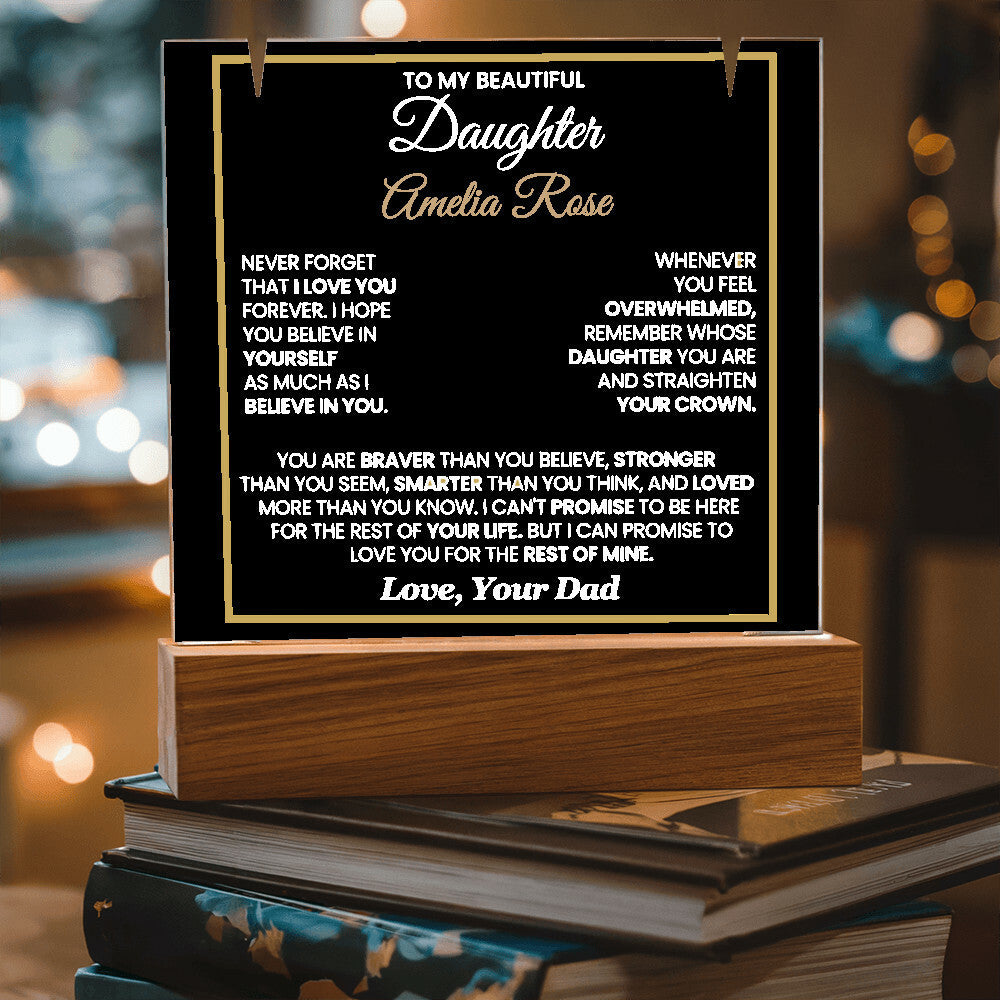 Sentimental Daughter Gift from Dad – Personalized LED Acrylic Keepsake with Loveknot Necklace, Meaningful Message of Love and Support, Perfect for Christmas, Birthday or Special Occasions