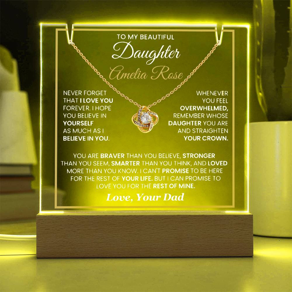 Sentimental Daughter Gift from Dad – Personalized LED Acrylic Keepsake with Loveknot Necklace, Meaningful Message of Love and Support, Perfect for Christmas, Birthday or Special Occasions