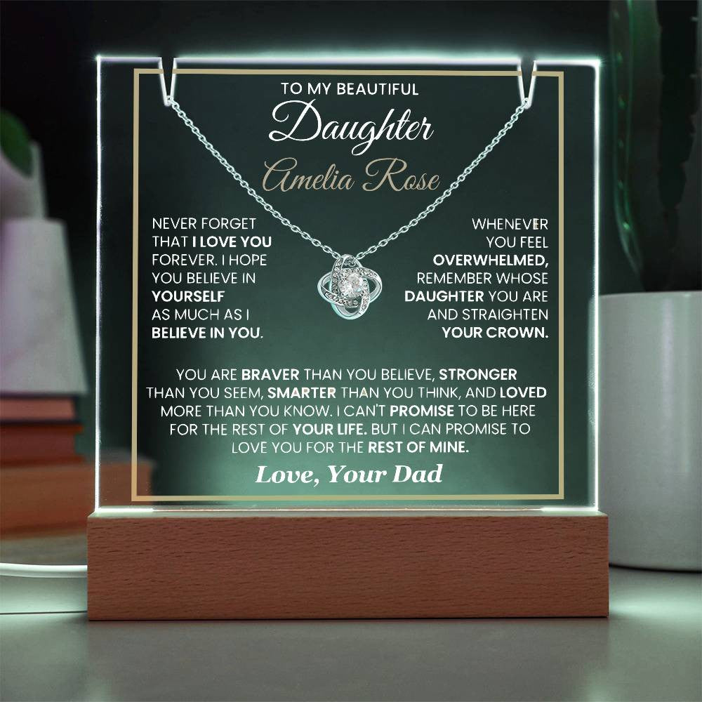 Sentimental Daughter Gift from Dad – Personalized LED Acrylic Keepsake with Loveknot Necklace, Meaningful Message of Love and Support, Perfect for Christmas, Birthday or Special Occasions