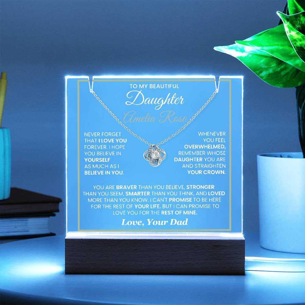 Sentimental Daughter Gift from Dad – Personalized LED Acrylic Keepsake with Loveknot Necklace, Meaningful Message of Love and Support, Perfect for Christmas, Birthday or Special Occasions